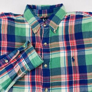 Ralph Lauren Flannel Shirt Lined Long Sleeve Plaid Green Red Blue Medium